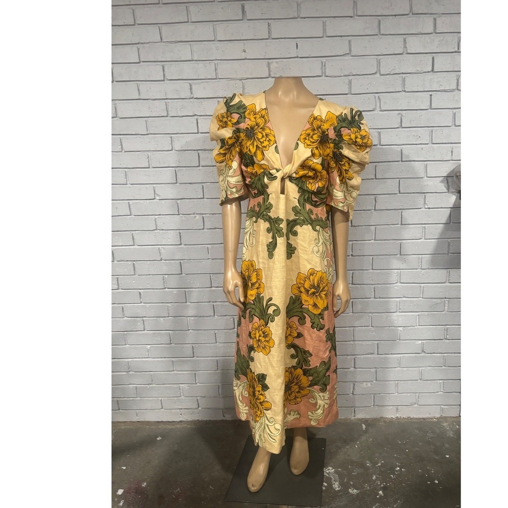 Farm Rio Garden Tapestry Yellow Floral Puff Sleeve Midi Dress Boho NWT L